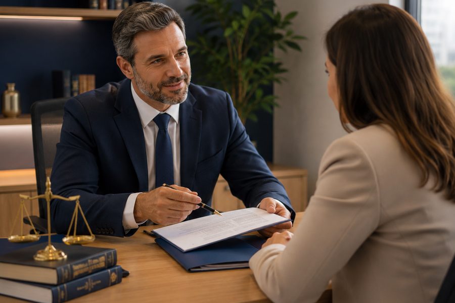 Advogado orientando empresária em reunião
