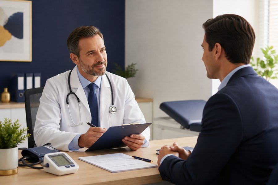 Médico do trabalho atendendo em consultório