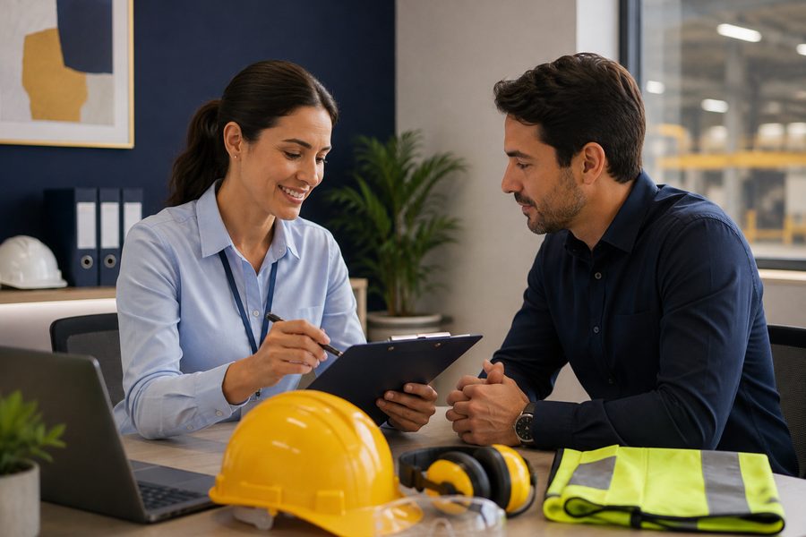 Técnica de segurança do trabalho orientando colaborador sobre EPIs