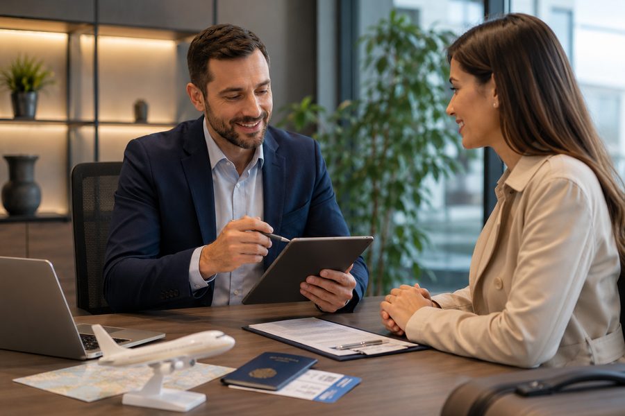 Consultor orientando cliente sobre seguro viagem